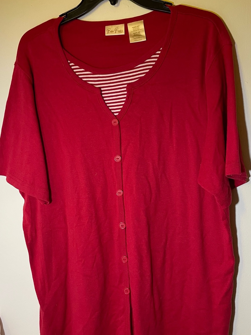 Bobbie Brooks Red Short-Sleeve Button Front Top with Striped Inset